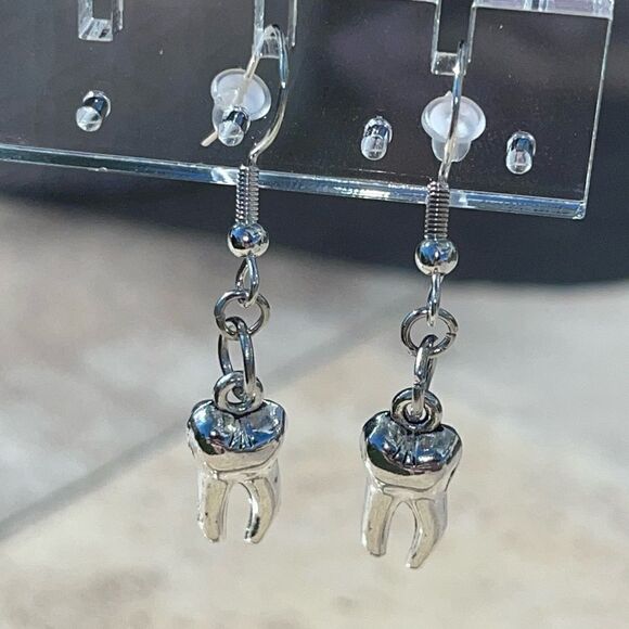 SIMPLE SILVER TOOTH FAIRY DROP EARRINGS - Picture 3 of 8